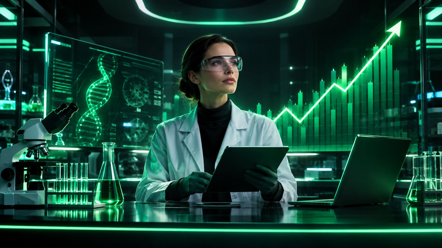 Clean laboratory scene blended with an upward stock chart