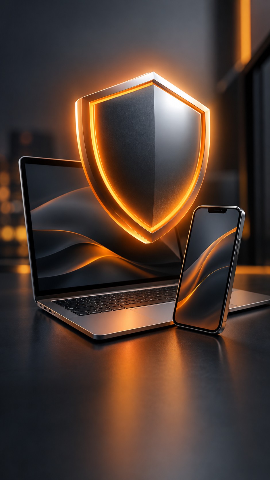 Large glowing shield over a laptop and phone