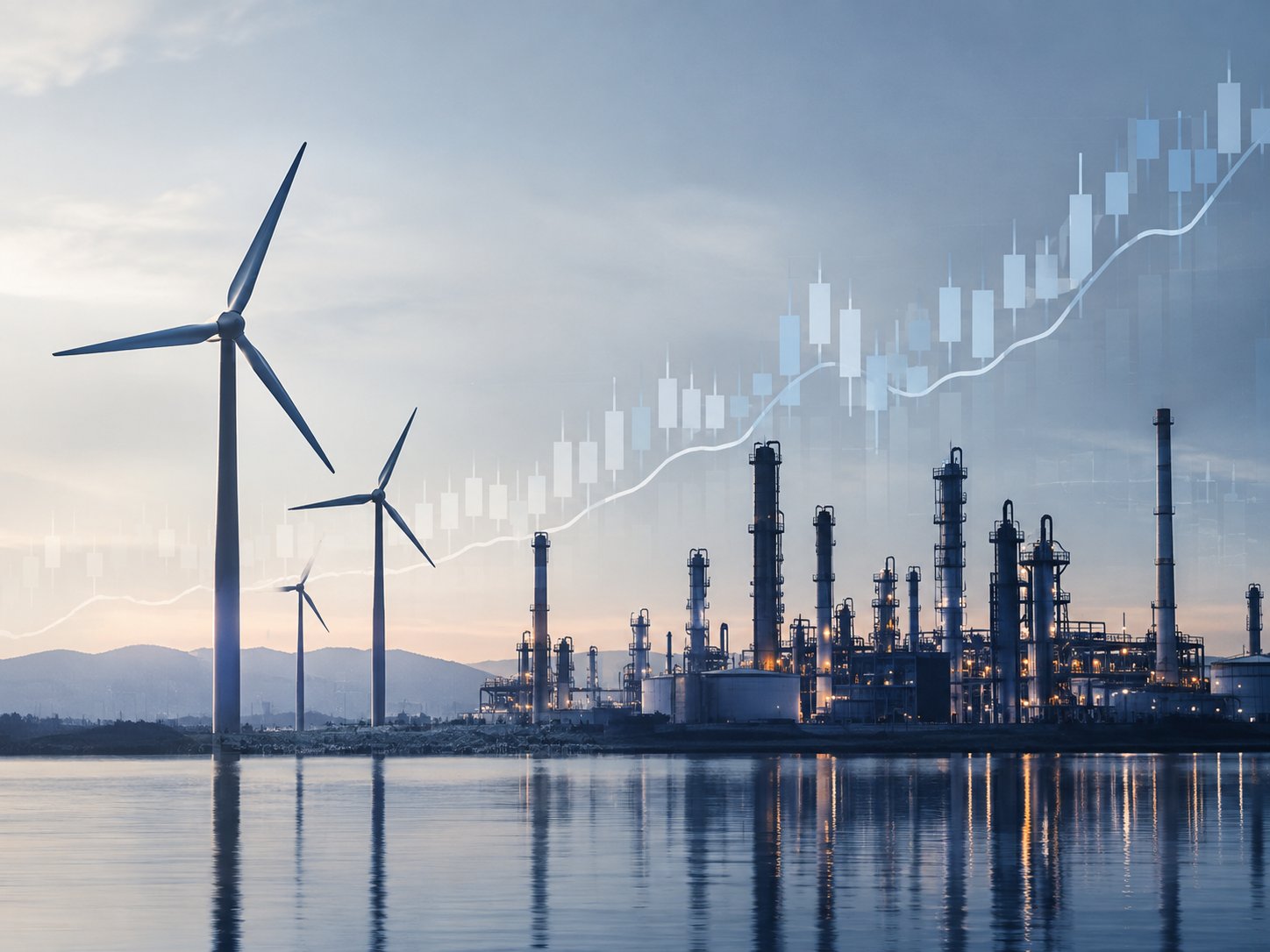 Wind turbines and oil refinery silhouettes merged with a stock chart