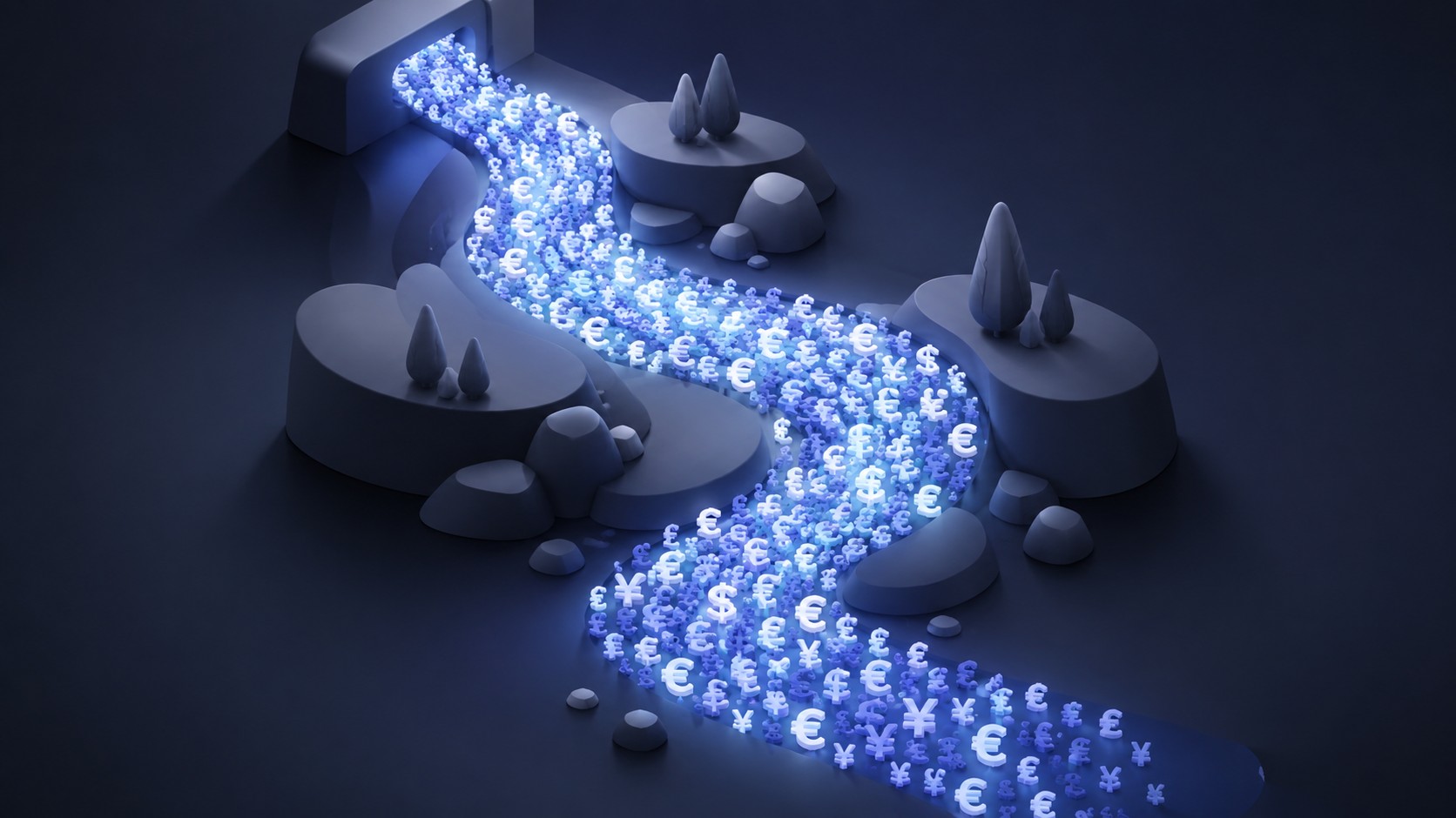 Flowing river of light made of tiny currency symbols