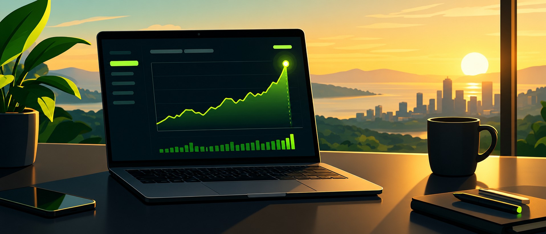 Laptop displaying an earnings report chart with a highlighted spike