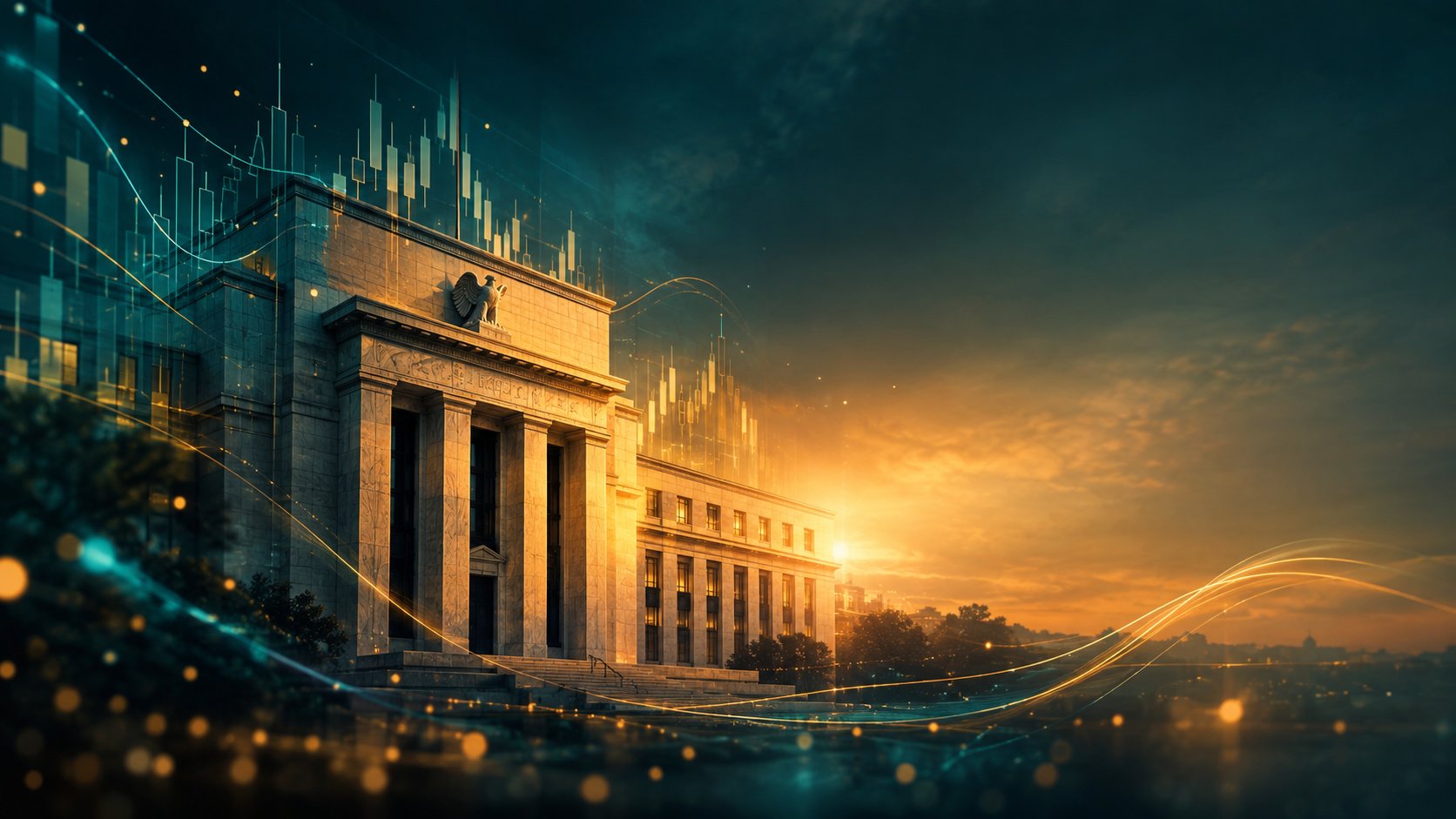 Classical central bank building facade with subtle financial chart overlays