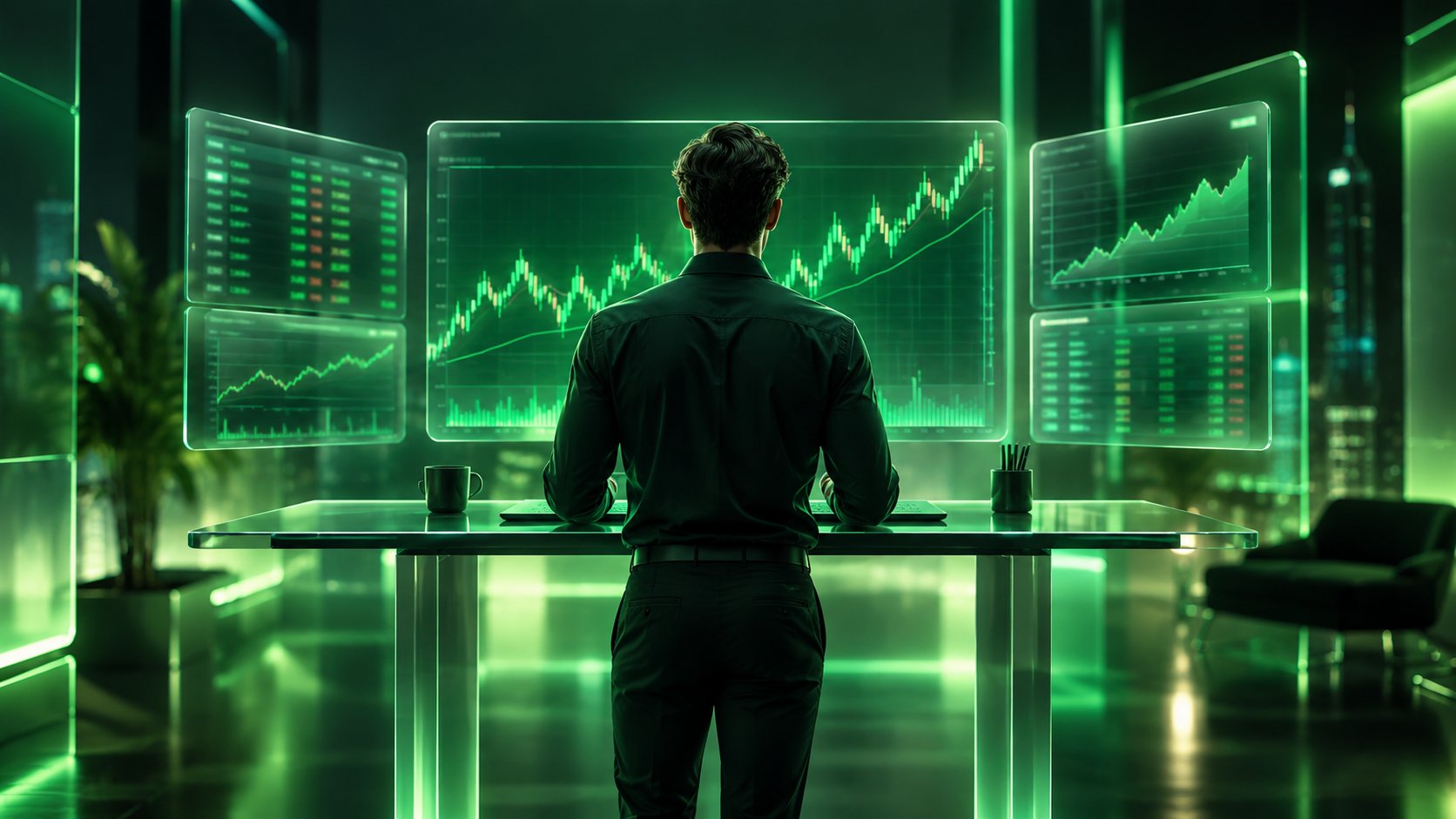 Investor at a standing desk watching fast moving intraday stock charts